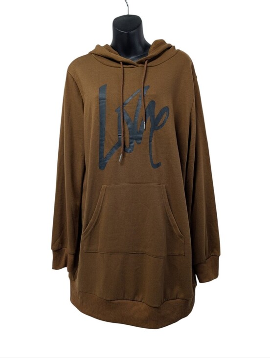 PrettyGarden Tops - Pretty Garden Brown "Live" Script Hoodie L Long Pullover Sweatshirt Pocket NWT
